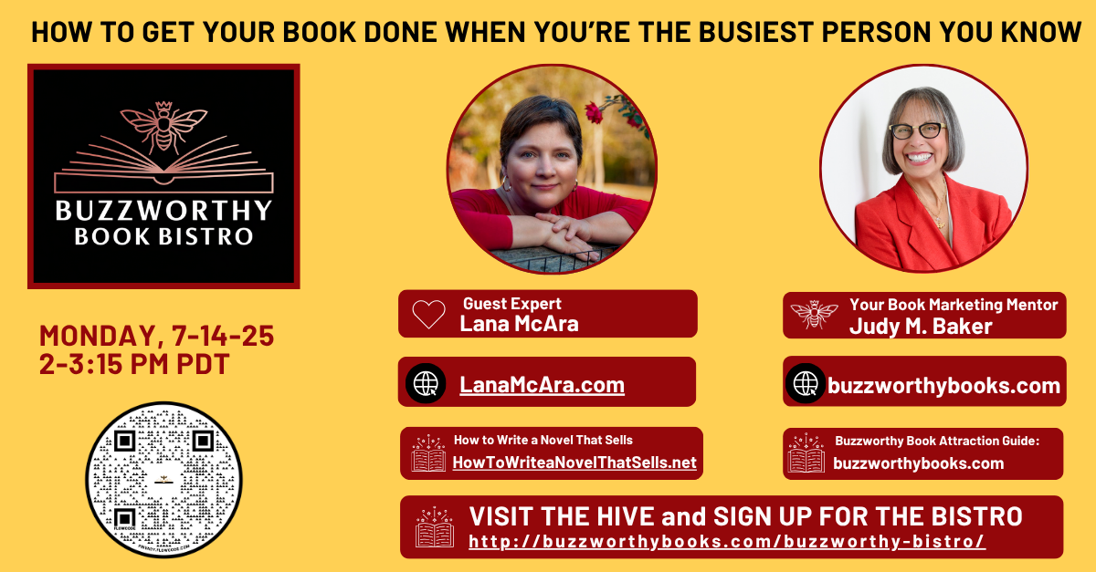 Photos of Lana McAra and Judy M. Baker and the Buzzworthy Books Bistro Logo