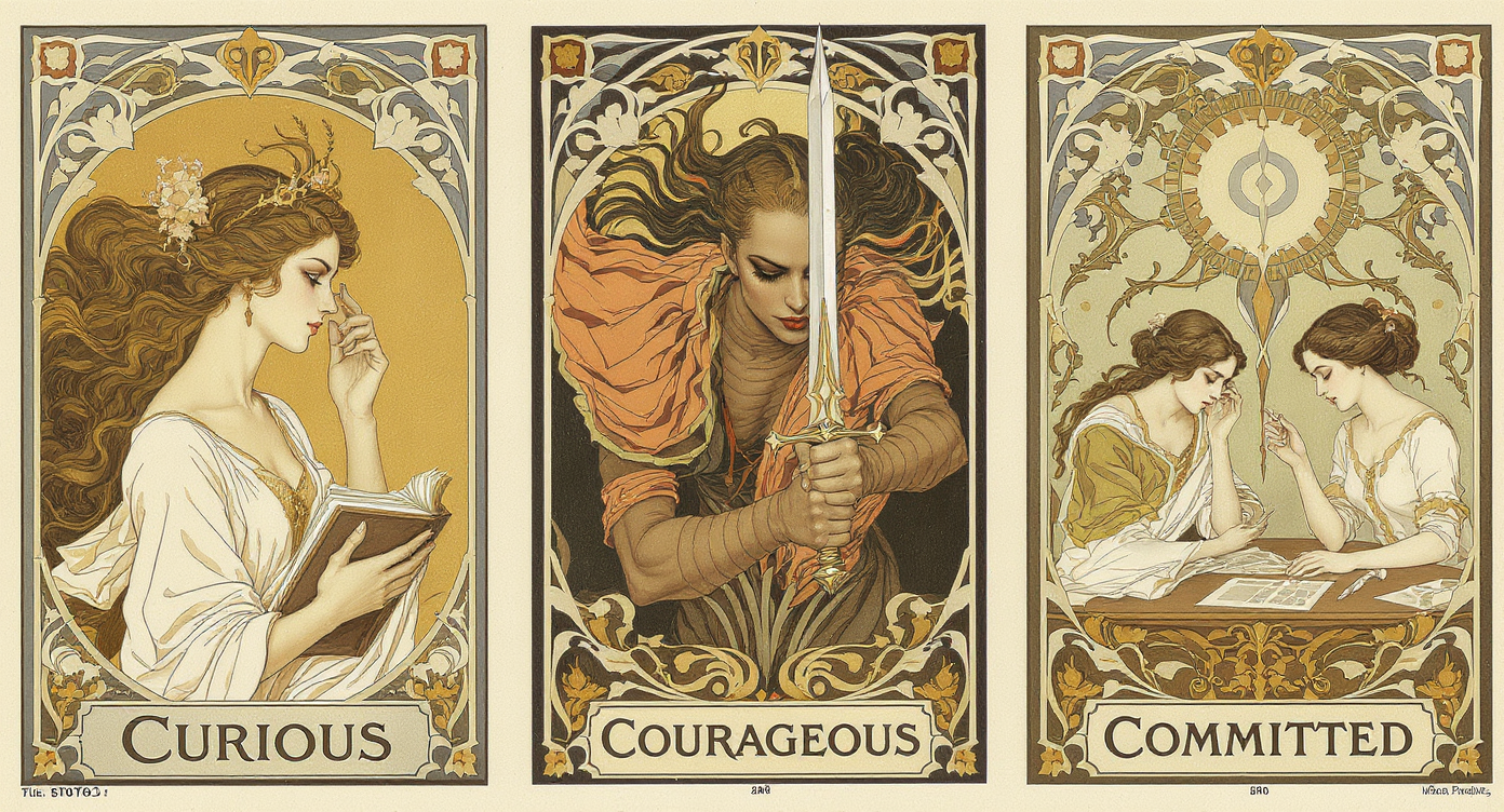 three women each representing curious, courageous, and committed